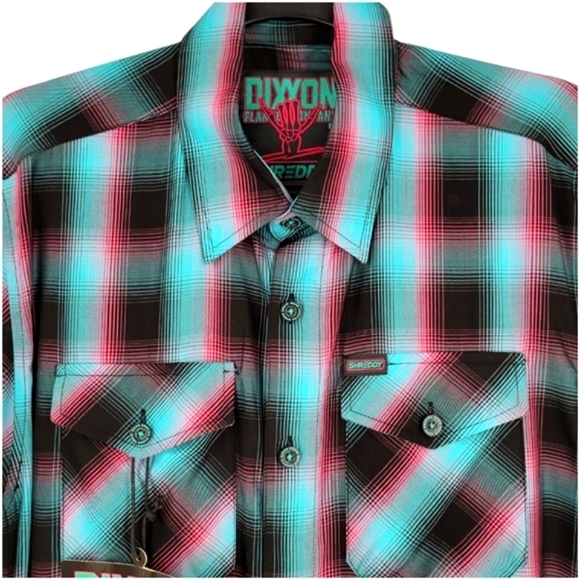 DIXXON Shreddy Bamboo Short Sleeve Plaid Button Up Blue, Pink - Picture 3 of 15